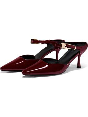 Women's Burgundy High Heels Mules Closed Toe Ankle Buckle Strap Slip On Pumps